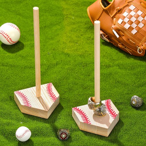 Beeveer 2 Sets Baseball Wooden Ring Holder 10 Inches Softball Ring Display Stand Stacked Storage Organizer Christmas Birthday Gift for Dad Grandpa(Red Color)