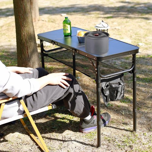 Geastsheng Portable Folding Camping Table, Lightweight Aluminum Outdoor Picnic Table with Adjustable Height, Compact & Sturdy Kid Table for Camping, Hiking, Backyard, Beach, Black