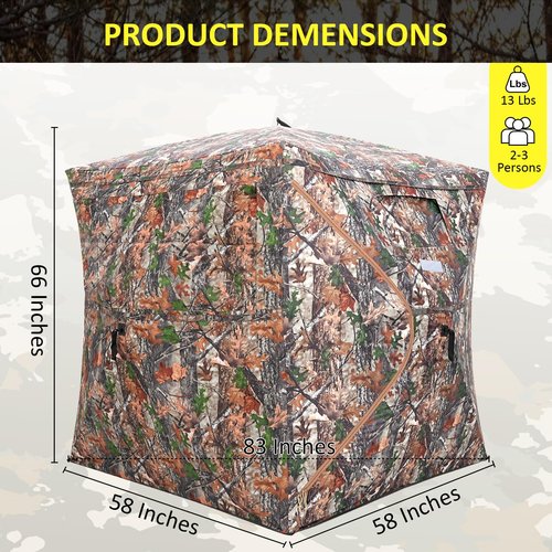 Portable Hunting Blind 270° See Through with Carrying Bag, 2-3 Person Pop Up Ground Blinds with Silent Zipper Door & Sliding Windows, Resilience Hunting Tent for Deer & Turkey Hunting