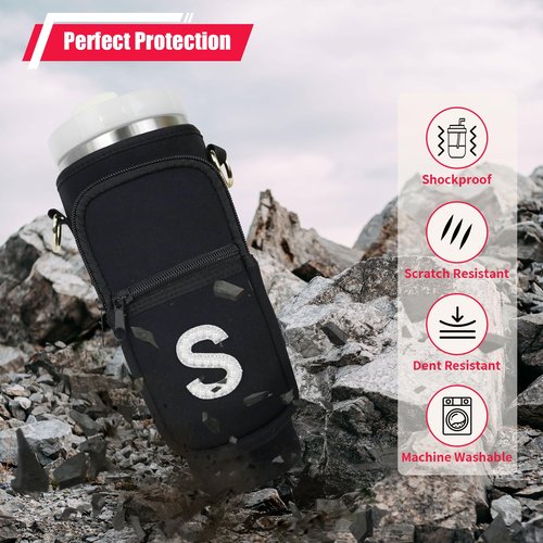 Initial A-Z Water Bottle Carrier Bag with Strap for Stanley 40oz Tumbler, Personalized Water Bottle Holder Pouch with Pearl Letter Phone Pocket for Stanley Cup Accessory Custom Gift for Women Black K
