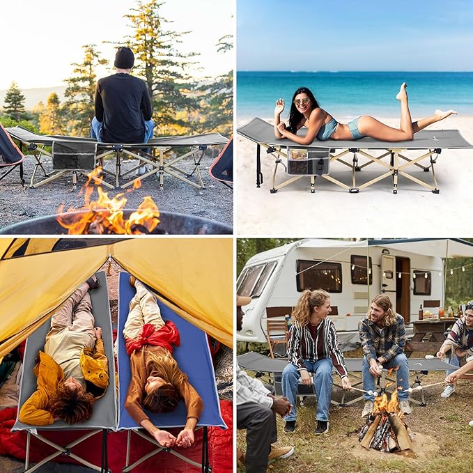 Sportneer Camping Cot: 1200D Double Layer Oxford Foldable Camping Cots for Adults - Heavy Duty Cots for Camping Travel Tent Day Outdoor & Home Guest, Camping Cots with Carry Bag & 2 Side Pockets