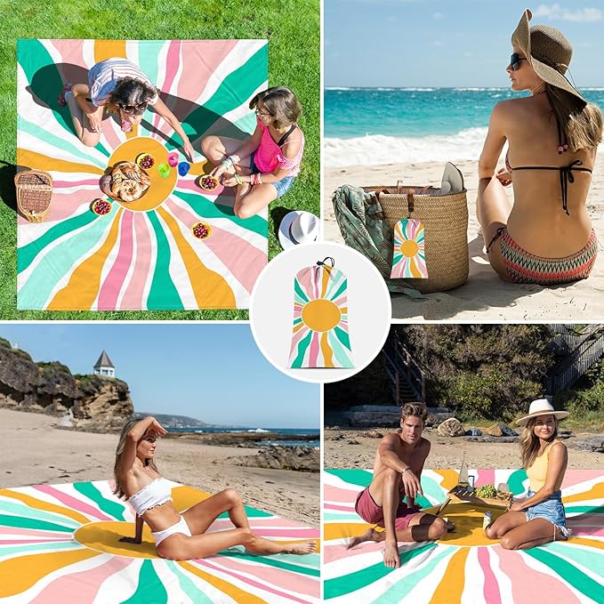 Beach Blanket Waterproof Sandproof, Large Picnic Blankets with Stakes and Storage Bag, Lightweight Quick Drying, Compact Beach Mat Vacation Essentials for Outdoors, Camping, Trips-Spring Sunshine