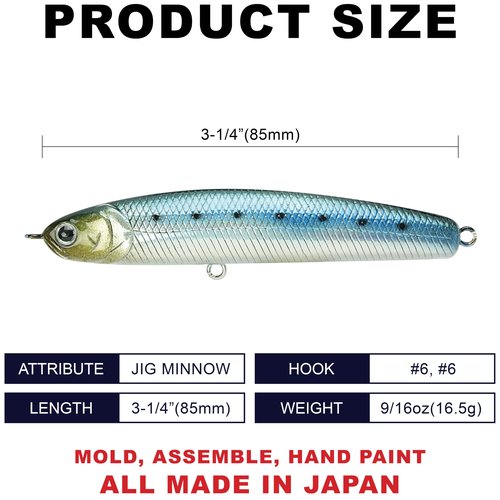 LUCKY CRAFT SW Wander 85TB, Saltwater Surf Fishing Lures, Halibut, Surf Perch, Seabass, Sinking, Shimmy Fall, Fishing Gear, Fishing Accessories, Fishing Tackle (714 Metallic Sardine)