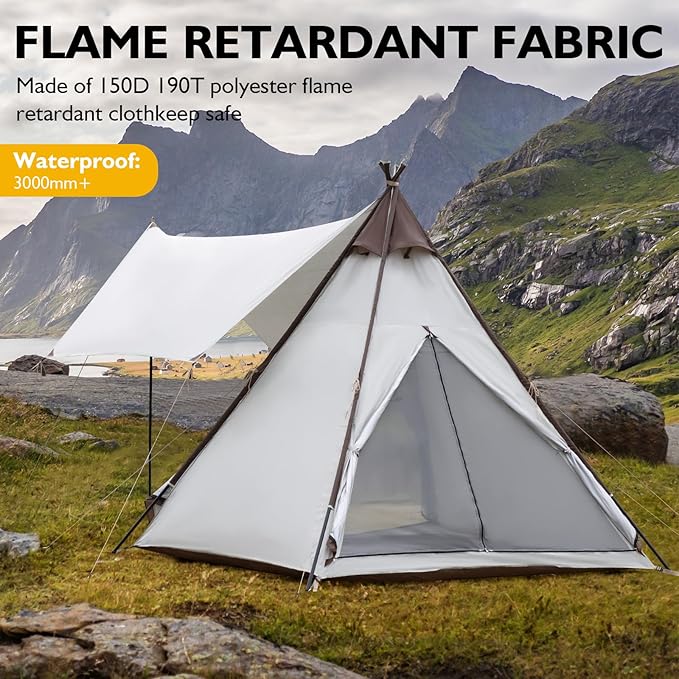 Waterproof 3-4 Person Camping Tent with Awning, Pyramid Teepee Tents for Family, 3 Season Anti-UV Weatherproof, Roomy Tipi Tent for Family Camping, Outdoor, Backpacking, Hiking