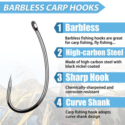 Barbless Fishing Hooks Kit, 180pcs Carp Fishing Hooks Small Sizes Trout Hooks Curved Shank Fly Tying Hooks Circle Hooks for Hair Rig Carp Fishing Tackle Saltwater Freshwater