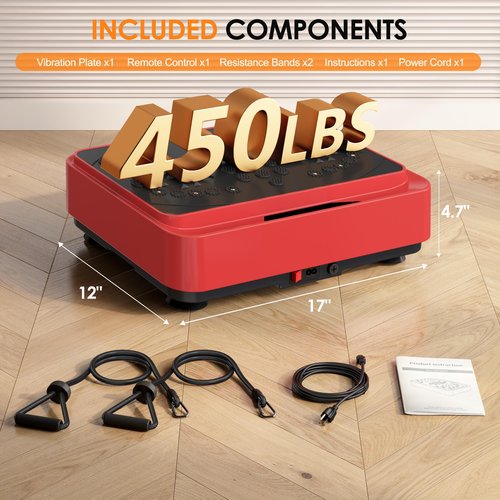 SogesPower Vibration Plate Exercise Machine, Full Body Workout Vibration Plate for Lymphatic Drainage Weight Loss, Shake Plate Machine with Loop Bands, Vibrating Power Plate for Home Gym, 450LBS Red