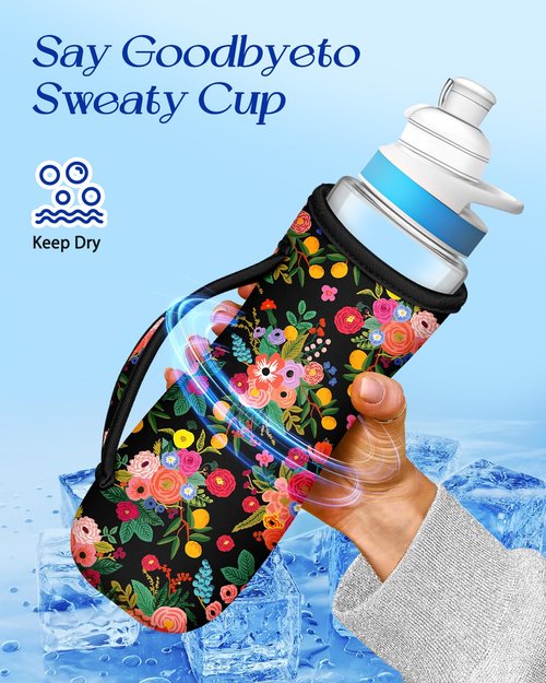 Toykee Water Bottle Sleeve for Cirkul 22 oz - 2 Pack Bottles Cover Holder Carrier Bag with Side Handle Flower Floral Print