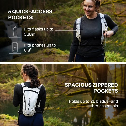 EVERFUN Hydration Backpack Running Vest Small Hiking Water Backpack with 1.5L Water Bladder for Women Men, Lightweight Reflective Dayhike Hydro Pack for Trail Running, Biking, Race, Marathons, Black