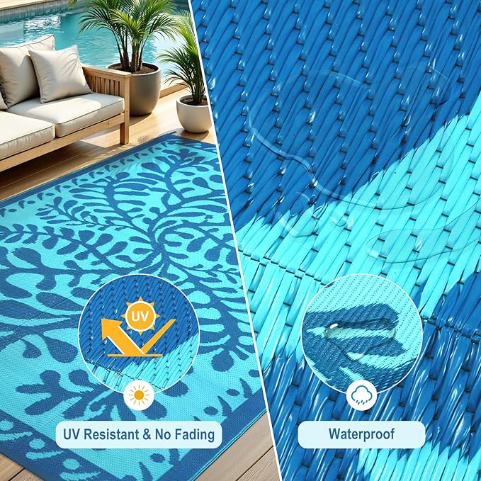 Anidaroel Outdoor Area Rug for Patio Clearance 6x9 Waterproof, Reversible Plastic Straw Rug Outside Rug, RV Mat for Camping, Porch, Balcony, Pool Deck, Backyard (Blue,6’x9’)
