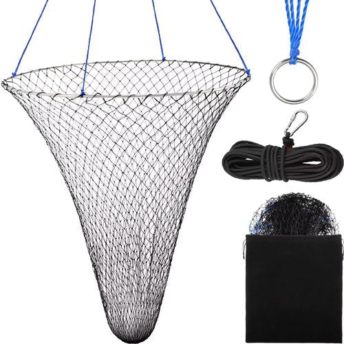 Dovesun Drop Net for Pier Fishing Nylon Portable Pier Net for Bridge Fishing Foldable Landing Neting Kit with Poly Rope Carabiners Stainless Steel Ring Soft Steel Hoop Size 31"