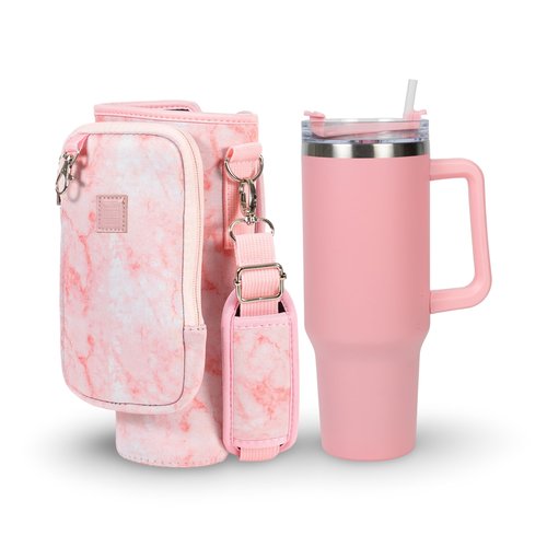 Made Easy Kit Cup Tumbler & Carrier Cell Pocket - Water, Tea, Coffee, Juice - Neoprene Sleeve Pouch Shoulder Strap - Stainless Steel Vacuum Insulated Bottle, Lid, Straw, Carabiner (Pink Marble, 40oz)