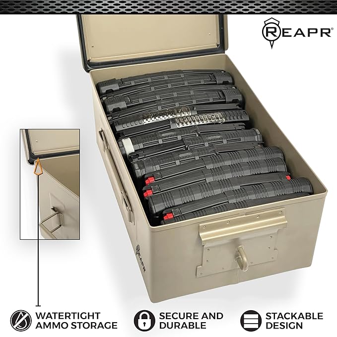 Reapr Steel Ammo Can, Heavy Duty Locking Metal Ammo Storage Box, Airtight and Watertight 30 Cal or 50 Cal Case for Rifle, Shotgun, Pistol, Military Footlocker Style Tool and Gear Organizer