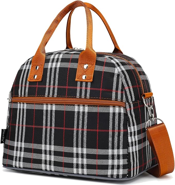 FlowFly Insulated Lunch Bag With Shoulder Strap for Women, Men, and Kids, Large and Reusable, Handle, Freezable Work and School Travel Tote and Meal Prep Organizer (W&B)