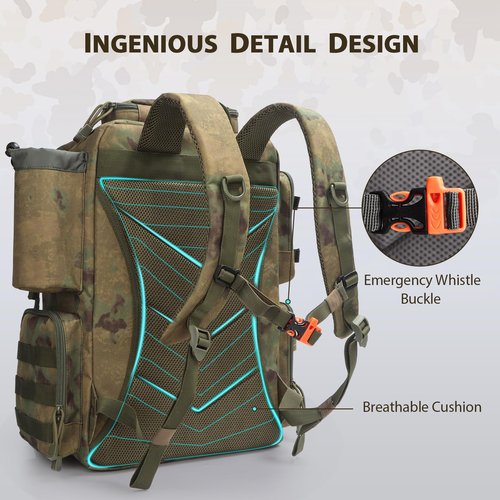 FunVZU Fishing Backpack, Fishing Tackle Backpack with Rod Holders for 4 Boxes (Box Not Included) 45L Waterproof Fishing Gear, Ideal for Men and Women Tackle Box Bag (Forest Green Camo)