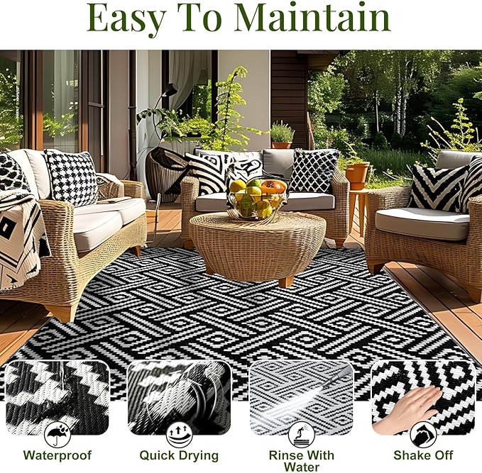 OPPODREAM Outdoor Rug 9x12 Patio Waterproof, Large Outdoor Plastic Straw Rug, Reversible Out Door Carpet for Camping, Deck, Rv, 9 x 12 Area Carpet for Balcony, Porch, Backyard, Black and White