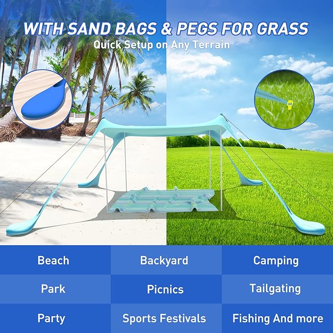 Beach Tent Pop Up Shade Canopy Sun Shelter UPF50+ with 4 Stability Poles/Carry Bag/Ground Pegs/Sand Shovel/Windproof Ropes Portable Outdoor Family Sunshade for Beach Camping(Navy Blue,10×10FT)