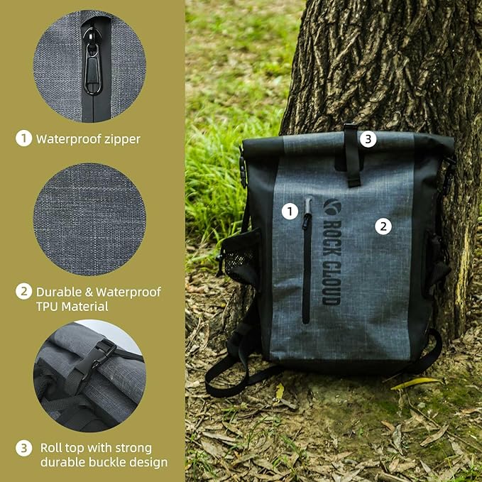 ROCK CLOUD Waterproof Backpack Dry Bag 25L TPU Dry Sack for Kayaking Rafting Boating Beach Surfing Swimming Canoe Camping Hiking Fishing Ski