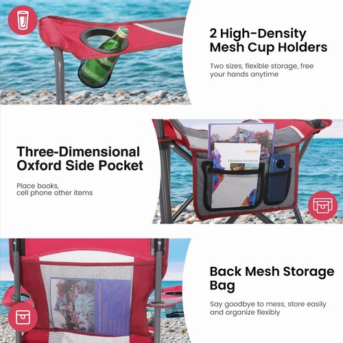 HIGH POINT SPORTS Portable Mesh Back Camping Folding Chair, Heavy Duty Fishing Lawn Chair, Padded Collapsible Outdoor Chair for Adults, Outdoor, Garden, Patio, Red, 2 Pack