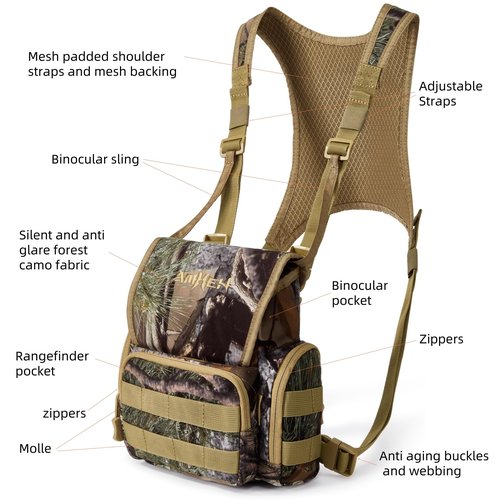 AMHEH Binocular Harness Bino Bag Hunting Chest Pack with Rangefinder Pouch | Magnetic Flap, Silent, Anti Glare, Birding, Hiking, Fits Up to 56 Inches Chests (Camo)