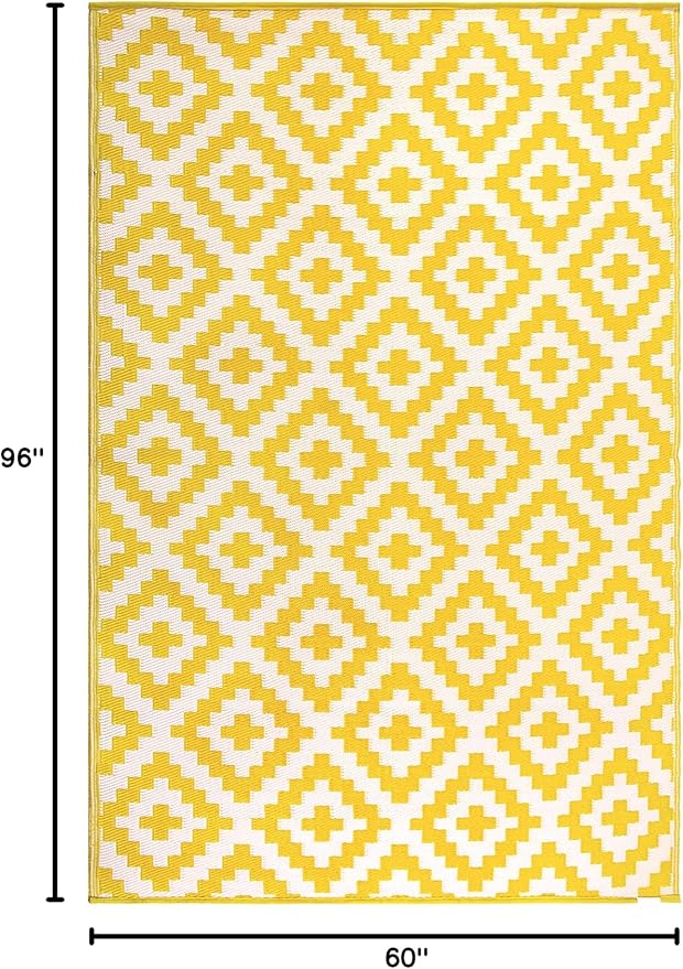 FH Home Outdoor Rug - Waterproof, Fade Resistant, Reversible - Premium Recycled Plastic - Geometric - Patio, Porch, Deck, Balcony - Aztec - Yellow & White Crease Free - 5 x 8 ft