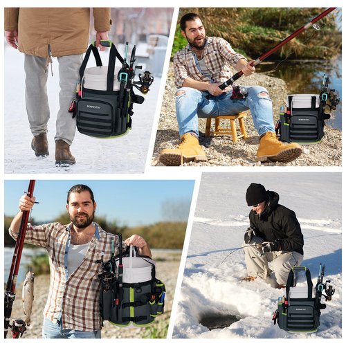 Boomistry Fishing Bucket Organizer for 5 Gallon Bucket Accessories, Fishing Tackle Bag with Adjustable Buckle, Fishing Rod Bag with 15 Multi-Pockets for Fishing Gear and Equipment (Dark Gray)