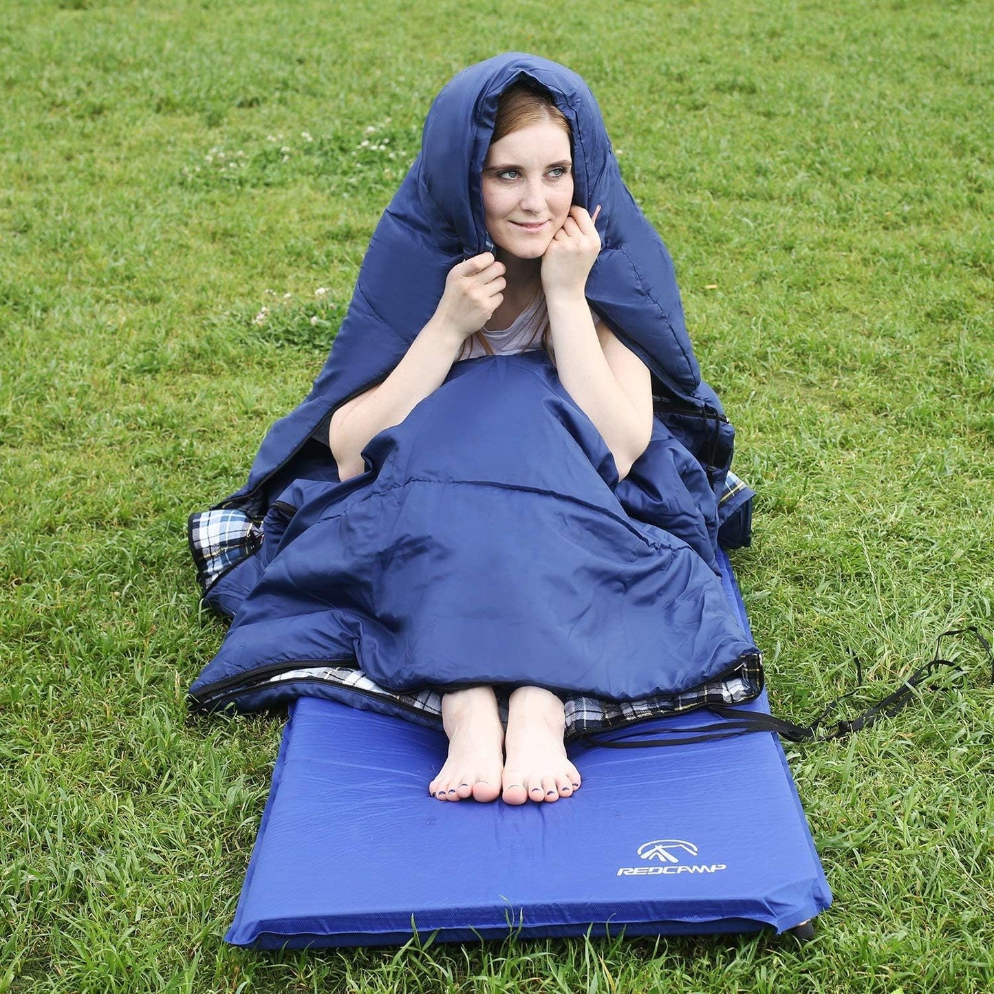 REDCAMP Flannel Sleeping Bag for Adults, Comfortable Cotton Sleeping Bags for Camping with Detachable Hood, Red/Grey/Blue