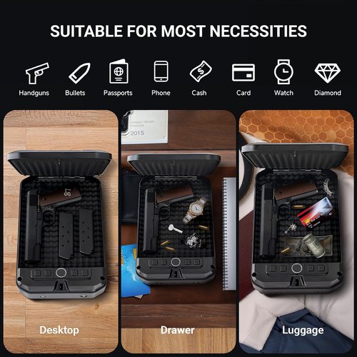 Fingerprint Pistol Safe Portable Gun Safe with Keys Quick Access Smart Biometric Handgun Safe, Keypad for Cars Travel Nightstand Bedside, Aluminum 20002-AF
