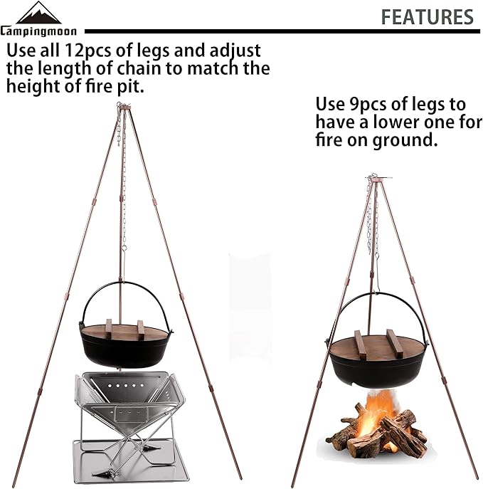 CAMPINGMOON Camping Campfire Tripod with Carrying Bag Portable Lightweight Aluminum 41.3-inch Height Stainless Steel Chain