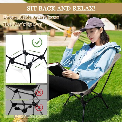 TOUTEK Compact Chairs Travel Chair Portable Camping Chair, Backpacking Chair with Anti Sinking Rubber Feet and Side Pockets, Adjustable Carrying 320bls Lightweight Camping Chair for Adult (Beige)