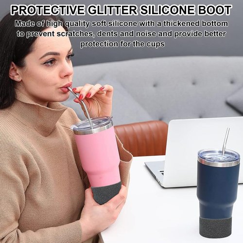Protective Glitter Silicone Boot Bling Anti Slip Sleeve Water Bottle Sleeve Bottom Protector for Stanley Tumbler 20-40oz Hydro Flask 12-24oz and More Bottles Tumblers with 2.95in Bottom (Black)