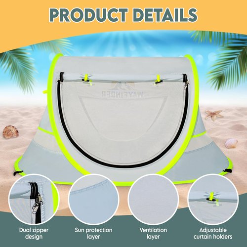 Large Pop Up Baby Beach Tent, Instant Sun Shade for Toddler, Portable Sun Shelter with Mosquito Net, UPF 50+ UV Protection for Infants