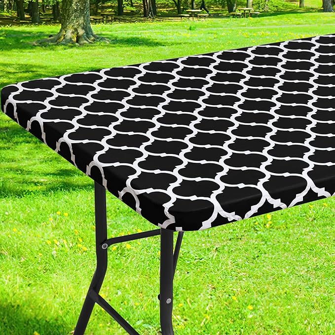 Smiry Rectangle Picnic Table Cover, Waterproof Elastic Fitted Camping Tablecloths for 5 Foot Tables, Wipeable Flannel Backed Vinyl Tablecloth Protector for Indoor, Outdoor (Black, 36x60 Inches)