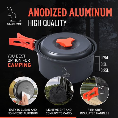 12 piece Camping Cookware Set for Backpacking Gear - Lightweight and Compact Camping Cooking Set - Portable Camping Pots and Pans Set for Hiking, Backpacking, Outdoor Cooking, Picnic and Camping