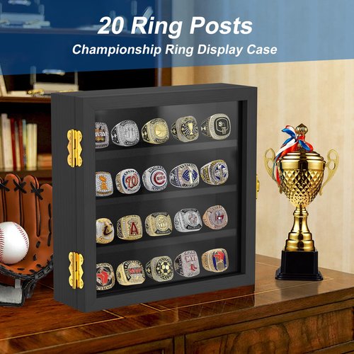 Championship Ring Display Case: Wooden Shadow Box with 20 Ring Posts Sports Award Rings - Baseball, Basketball, Football, Soccer