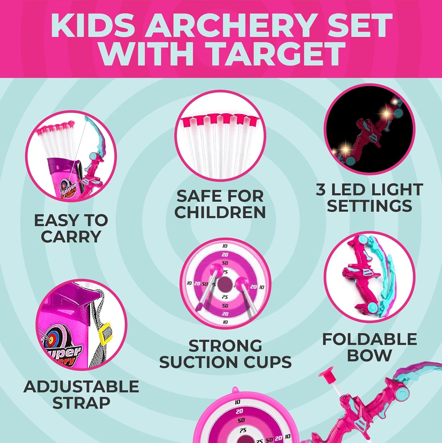 Toysery Kids Archery Set with LED Flash Lights, Toy Bow and Arrow Set for 6-8 Years Old Boys, Includes Archery Bow, 6 Archery Arrows, Target, Quiver - Great for Youth Practice