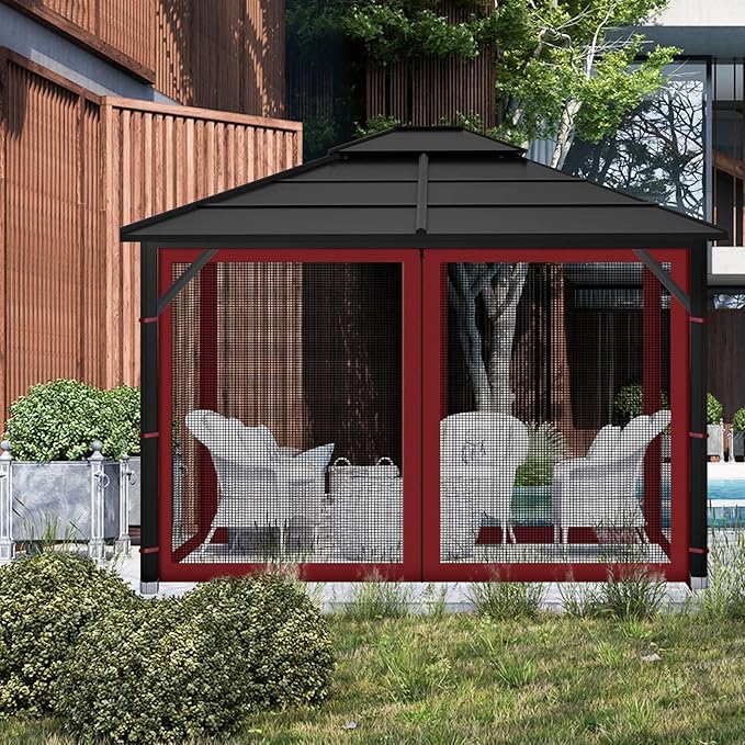 Gazebo Replacement Mosquito Netting Outdoor Universal Gazebo Canopy 4-Panels Screen Sidewalls with Zipper for Patio Garden (Red, 10x10)