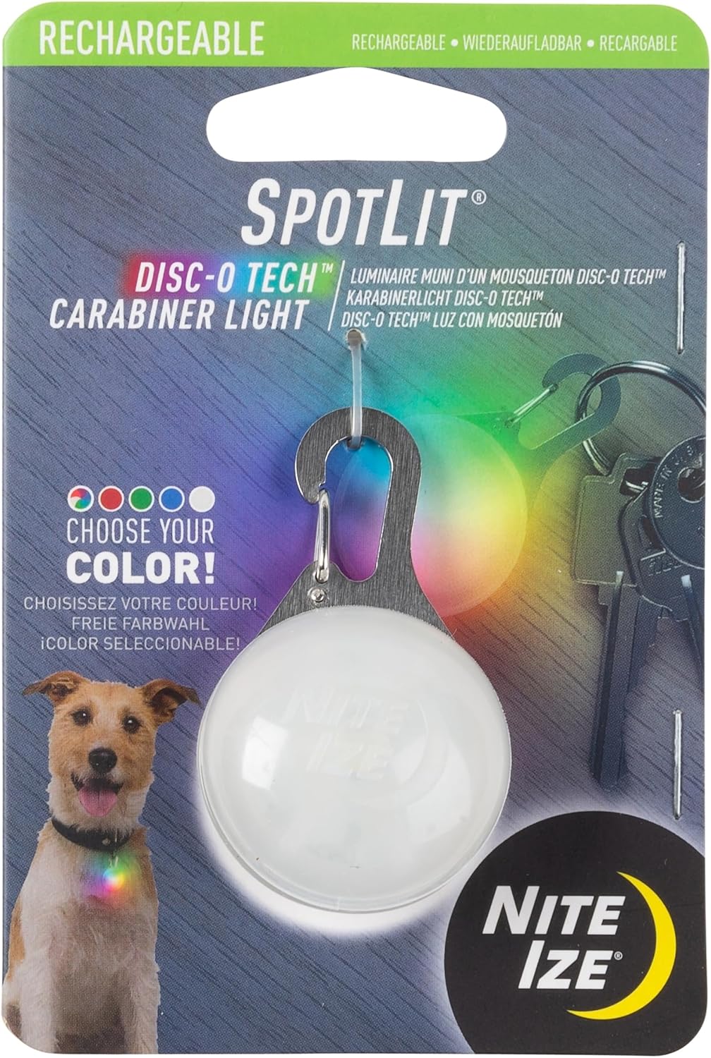 Nite Ize SpotLit XL Rechargeable Carabiner Light - Carabiner Keychain Clip with LED Light - Clip Color-Changing Light for Collars or Keys - Disc-O Select