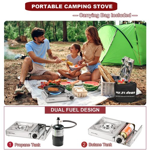 MOZODAWN Dual Fuel Camp Stove with Butane and Propane Compatibility, 10500 BTU Portable Camping Stove with Carrying Case, Storage Bag, Adapter Hose, Wind Guard, Outdoor Camping Essentials