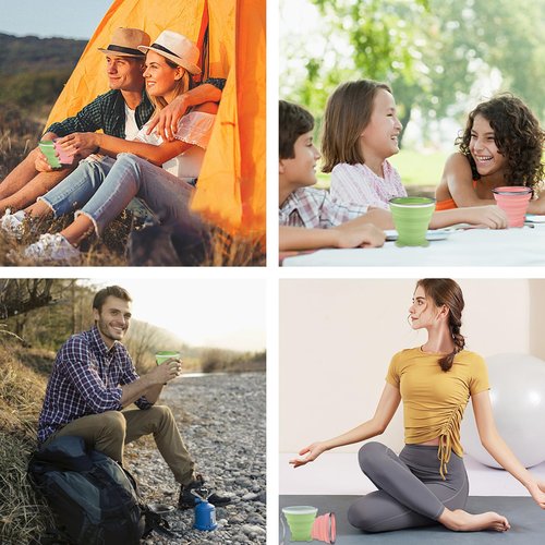 Collapsible Cup-Silicone Small Foldable Cups-Expandable Folding Drinking Cups-Reusable Portable Mugs-Cup with Lids For Travel, Camping, Hiking, Holiday, Outdoor Sports, Indoors (Pink+Green)