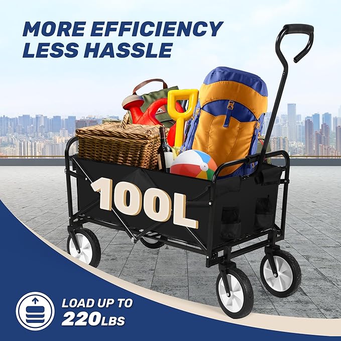 YSSOA Rolling Folding & Rolling Collapsible Garden Cart, Outdoor Camping Wagon Utility with 360 Degree Swivel Wheels & Adjustable Handle, Black 220lbs Weight Capacity Rolling Collapsible Garden Cart