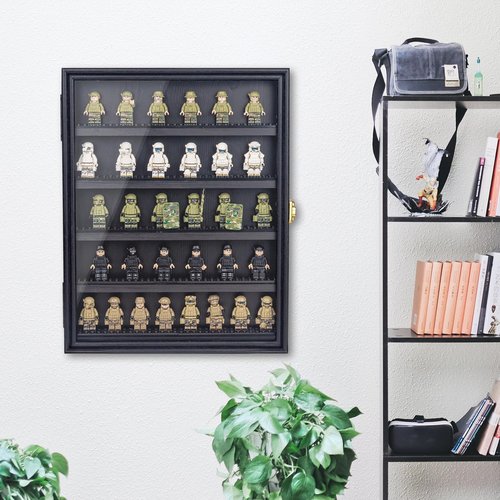 Minifigure Display Case 11X14 Inch with Lock,Figures Building Block Toy Wooden Shadow Box，Miniature Collectibles Display Cabinet Wall Mount or Tabletop for Storage Mini Figure Black