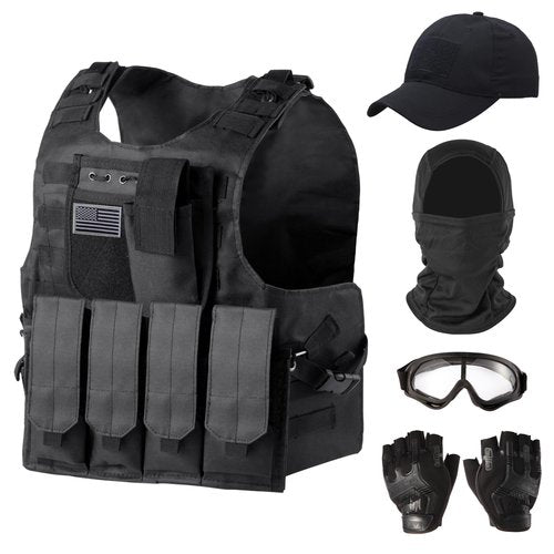 Ouraqto Tactical Vest Set for Men Airsoft Paintball Vest Airsoft Gear and Equipment with Hat,Glove,Visor,Goggles（Black）