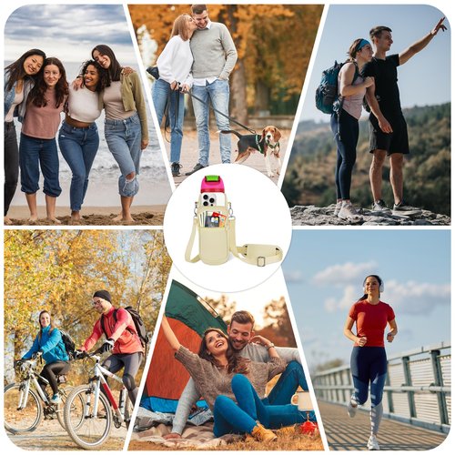 OriJoy Neoprene Water Bottle Carrier Bag Holder with Phone Pocket Compatible with Owala FreeSip 24/32/40 OZ, Tumbler Cup Accessories with Adjustable Strap for Phone Card Keys (Cream, 40 OZ)