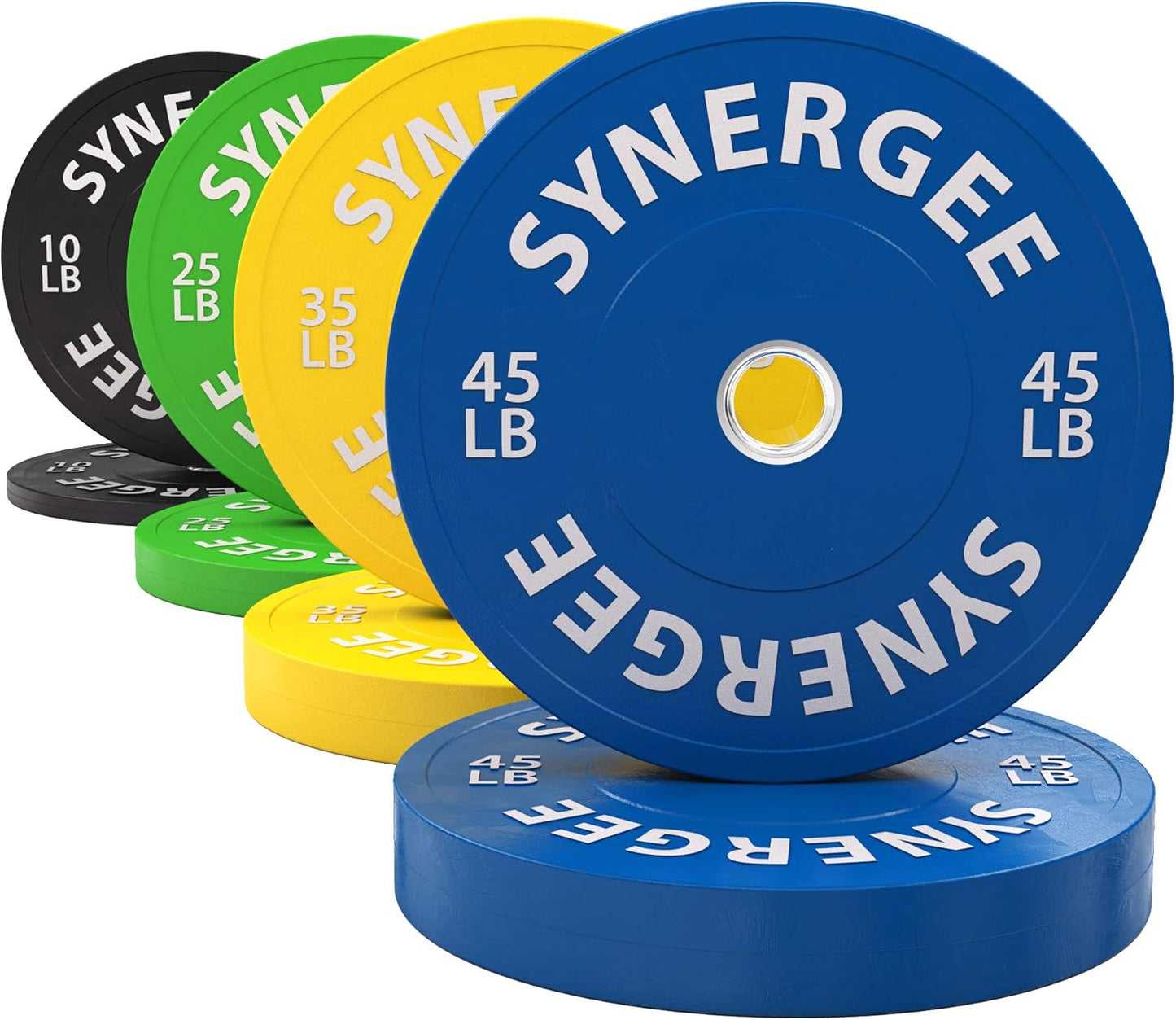 Synergee Bumper Plates – Durable Olympic Weight Plates, Low-Bounce Rubber for Strength Training, Powerlifting, and Functional Workouts.