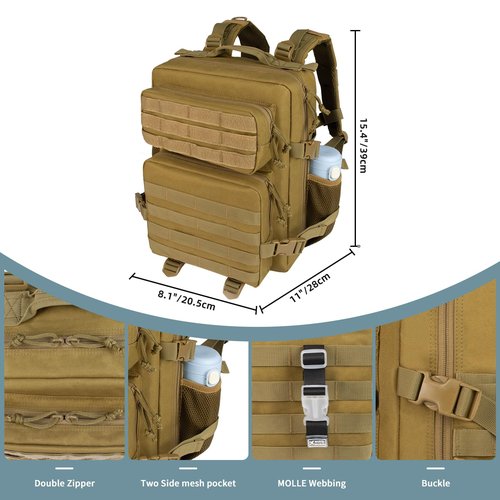 RooPoke 25L Small Tactical Khaki Backpack for Men and Women,Military Backpacks Rucksack with Molle Webbing Camping Daypack Bug Out Bag With Bottle Holder(25L)
