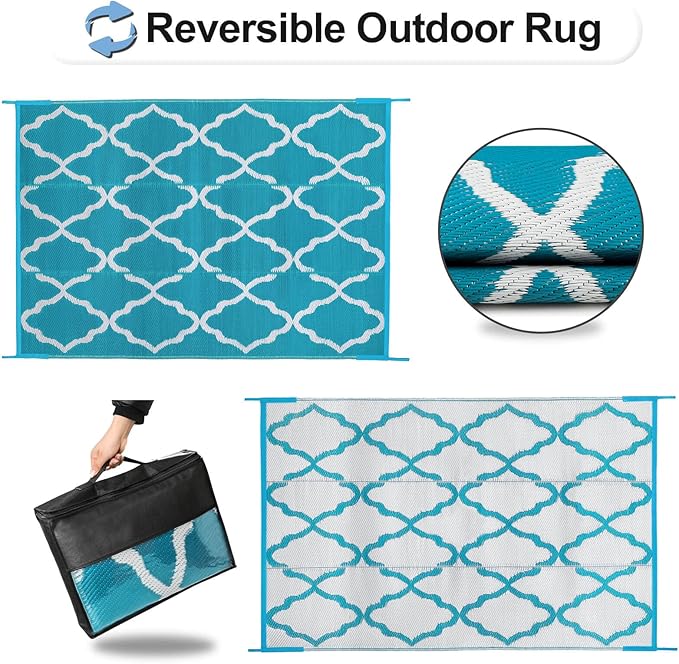 OutdoorLines Outdoor Plastic Area Rugs for Patio 5x8 ft - Reversible Outside Carpet, Stain & UV Resistant RV Mats, Straw Rug for Camping, Deck Garden, Porch and Balcony, Moroccan Teal & Light Grey