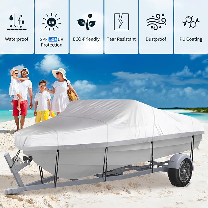 NEXCOVER Trailerable Boat Cover, Length: 20'-23' Beam Width: up to 100", Waterproof Heavy Duty Cover, Fits V-Hull, TRI-Hull, Runabout, Pro-Style, Bass Boat, Storage Bag & Tightening Straps Included.