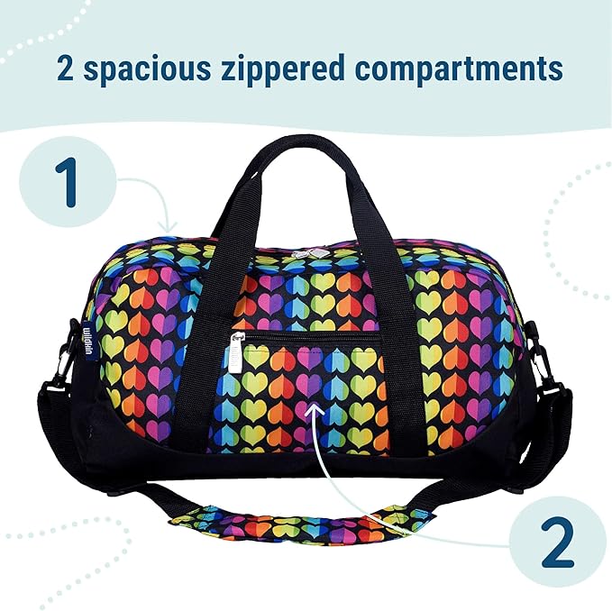 Wildkin Kids Overnighter Duffel Bag – Carry-On Size, Ideal for School & Sleepovers – Rainbow Hearts