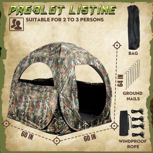 Lenotos Pop-Up Hunting Ground Blind with 270° See Through, Lightweight 1-2 Person Hunting Blind with Carrying Bag, 4-Panel Spring Steel, for Deer, Turkey Duck Hunting, Bow Hunting