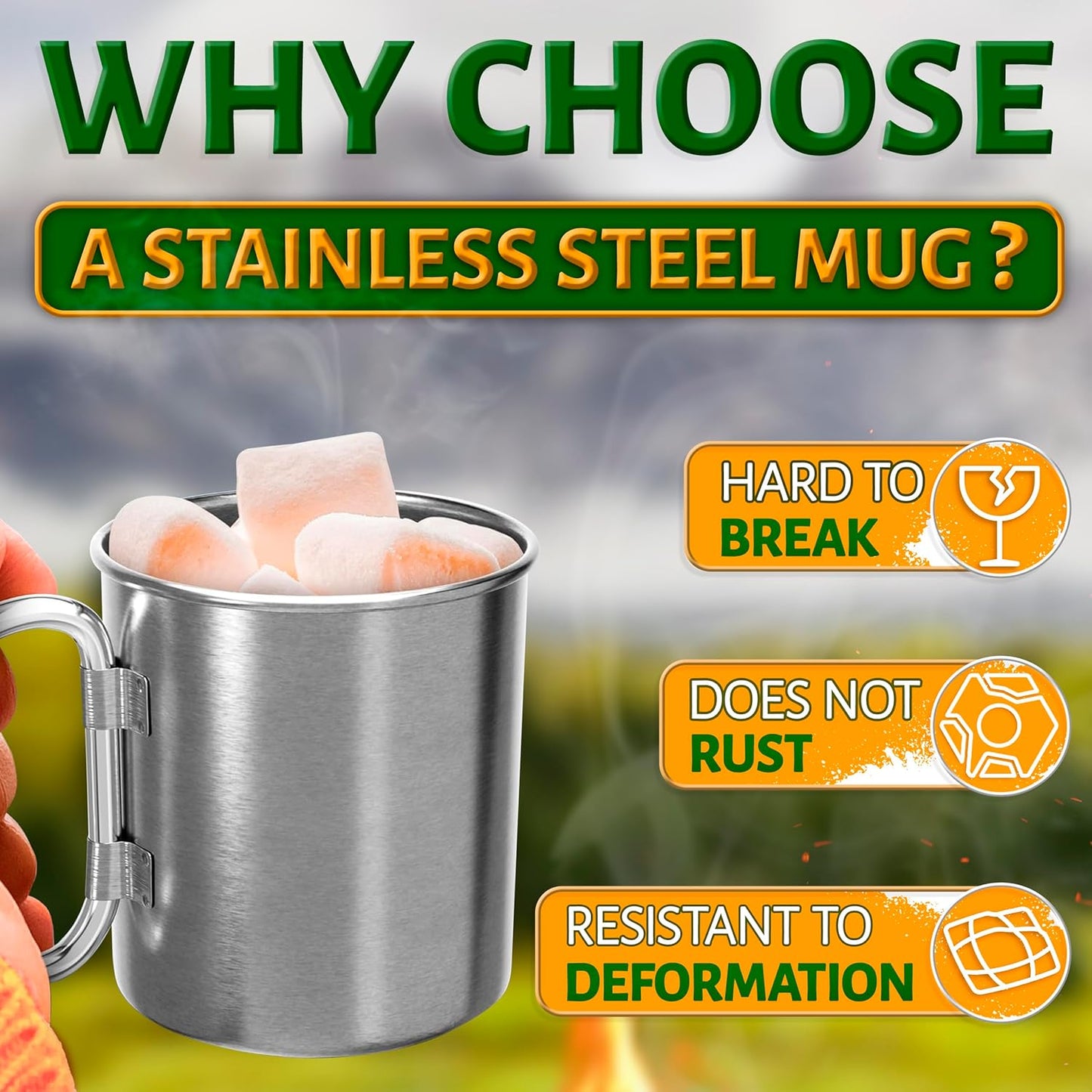 Stainless Steel Mug with Handle - Coffee Camping Mug with Carabiner Handle Portable Backpack Outdoor Cup Lightweight Camping Gear for Men - 13.5Oz Backpacking Coffee Cup Hiking Gift Climbing Mug
